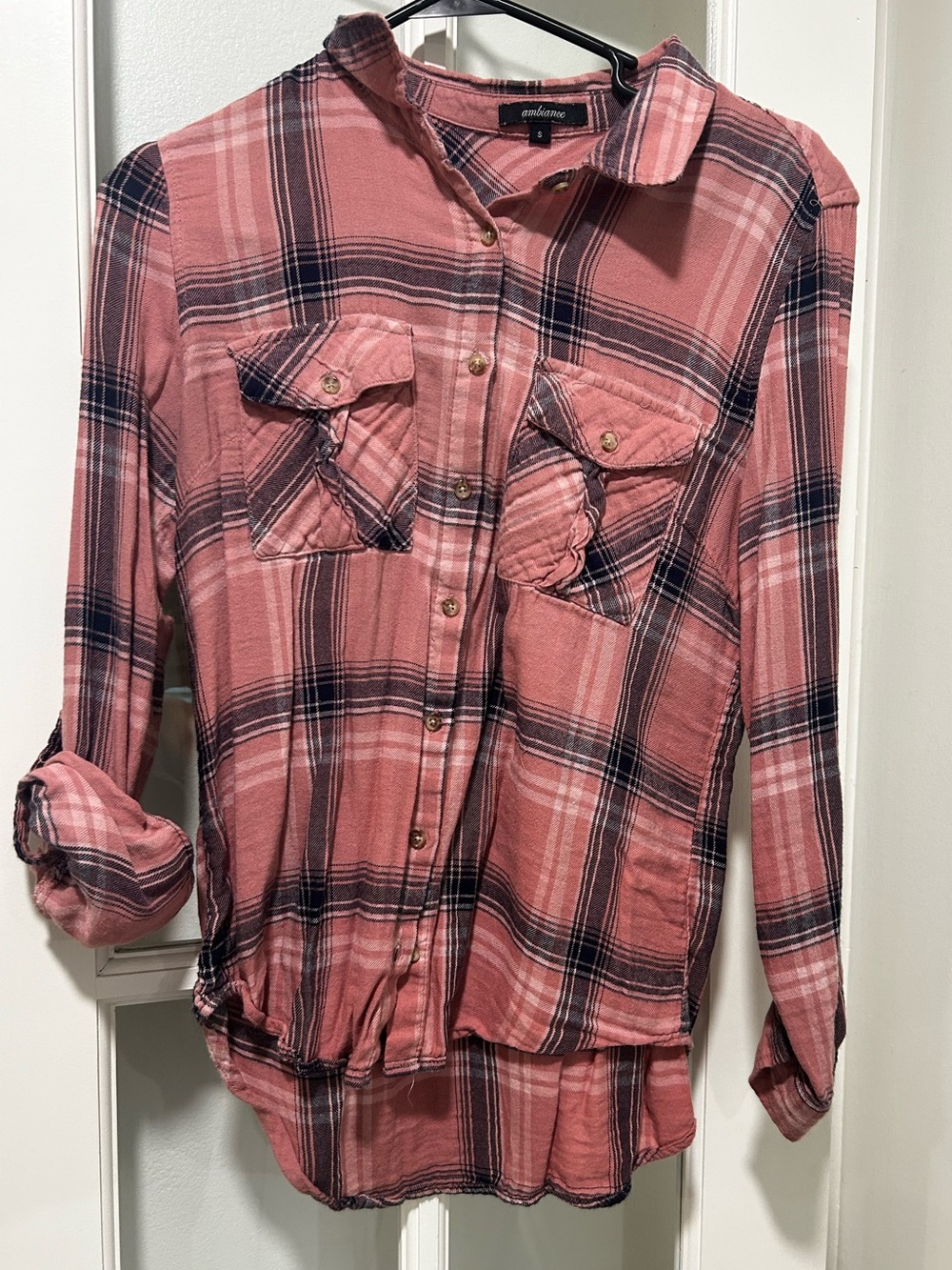 Pink and Navy Plaid Button-Down Shirt